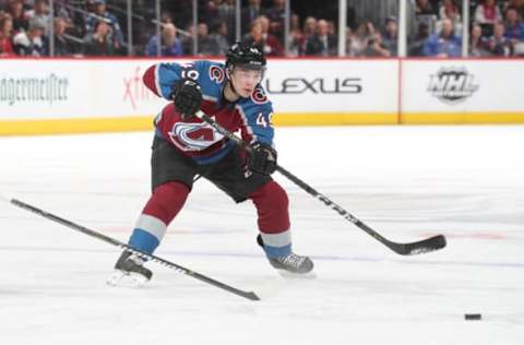 DENVER, CO – FEBRUARY 14: Samuel Girard #49 of the Colorado Avalanche passes against the Montreal Canadiens at the Pepsi Center on February 14, 2018 in Denver, Colorado. The Avalanche defeated the Canadiens 2-0. (Photo by Michael Martin/NHLI via Getty Images)