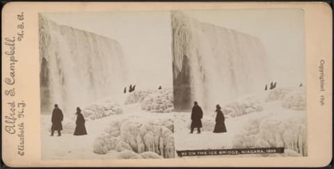 Tourists gathered on ice bridge beneath Niagara Falls. Photograph by Alfred S. Campbell, circa 1896.