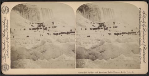 Ice bridge at the American Falls. Photograph by George Barker, circa 1865-1880.