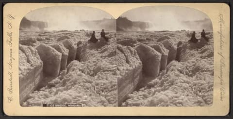 Two tourists sitting on the Niagara Falls ice bridge, circa 1860-1895.