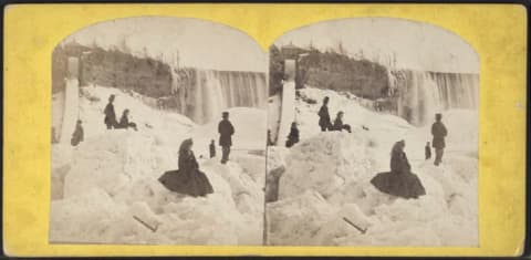 Tourists at the ice bridge beneath the American Falls, circa 1859-1885.