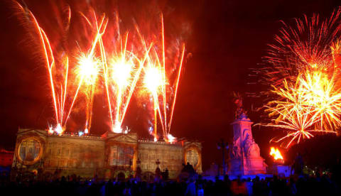 Fireworks explode over Buckingham Palace to celebrate the Queen's Golden Jubilee June 3, 2002 in London.