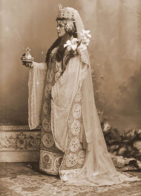 American-born socialite Jennie Churchill, mother of Winston Churchill, dressed as the Empress Theodora for the Devonshire House Ball.