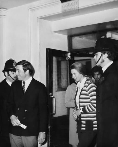 Princess Anne leaving St. George's Hospital London after visiting journalist Brian McConnell and police officer Michael Hills, who were recovering from gunshot wounds they sustained when they tried to intervene her attempted kidnapping.