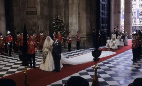 Lady Diana Spencer entering St. Paul's Cathedral with her father, Earl Spencer, ahead of her marriage to Prince Charles.