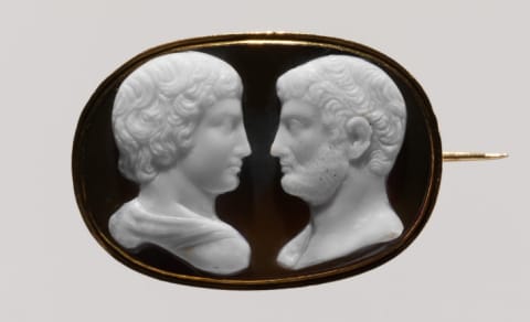 An 18th-century brooch shows reliefs of Antinous (left) and Hadrian, and was likely worn by a gay man as a coded signal to others.