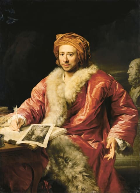 Johann Joachim Winckelmann's portrait shows him with a book open to an engraving of Antinous.