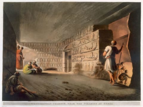 A painting of a subterranean chamber near the Pyramids at Giza by artist Thomas Milton.