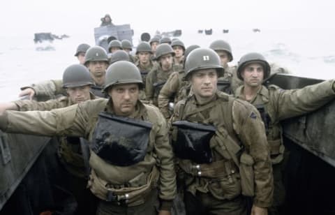 Tom Hanks, Tom Sizemore, Paschal Friel, Rolf Saxon, and Adam Shaw in Saving Private Ryan (1998).