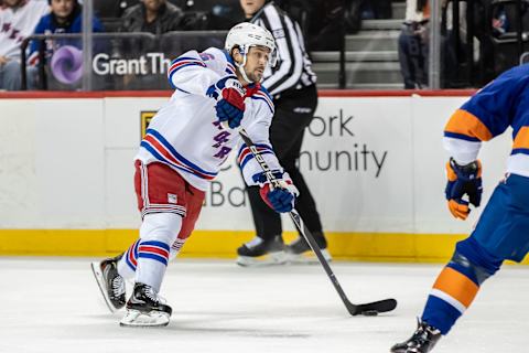 BROOKLYN, NY – NOVEMBER 15: Mats Zuccarello (36), of the New York Rangers, shoots the puck during a game between the New York Islanders and the New York Rangers on November 15, 2018 at the Barclays Center in Brooklyn, NY. (Photo by John McCreary/Icon Sportswire via Getty Images)