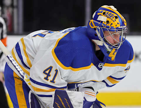 LAS VEGAS, NEVADA – FEBRUARY 01: Craig Anderson #41 of the Buffalo Sabres waits for a faceoff in the second period of a game against the Vegas Golden Knights at T-Mobile Arena on February 1, 2022 in Las Vegas, Nevada. The Golden Knights defeated the Sabres 5-2. (Photo by Ethan Miller/Getty Images)