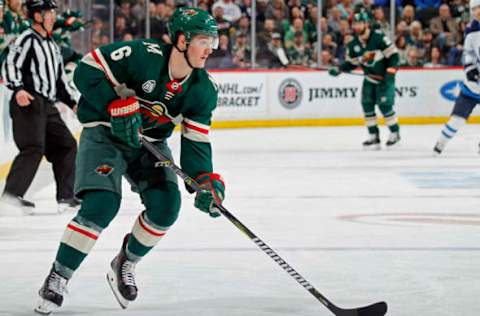 ST. PAUL, MN – APRIL 02: Ryan Donato #6 of the Minnesota Wild controls the puck during a game with the Winnipeg Jets at Xcel Energy Center on April 2, 2019, in St. Paul, Minnesota. (Photo by Bruce Kluckhohn/NHLI via Getty Images)