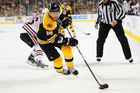 BOSTON, MA – JUNE 24 : Tyler Seguin #19 of the Boston Bruins skates with the puck against the Chicago Blackhawks in Game Six of the Stanley Cup Final at TD Garden on June 24, 2013 in Boston, Massachusetts. (Photo by Brian Babineau/NHLI via Getty Images)