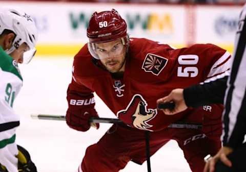 Nov 11, 2014; Glendale, AZ, USA; Arizona Coyotes center Antoine Vermette (50) against the Dallas Stars at Gila River Arena. The Stars defeated the Coyotes 4-3. Mandatory Credit: Mark J. Rebilas-USA TODAY Sports