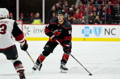 RALEIGH, NC – JANUARY 10: Teuvo Teravainen #86 of the Carolina Hurricanes skates with the puck during an NHL game against the Arizona Coyotes on January 10, 2020 at PNC Arena in Raleigh, North Carolina. (Photo by Gregg Forwerck/NHLI via Getty Images)