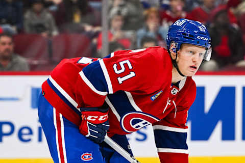 Sep 30, 2023; Montreal, Quebec, CAN; Montreal Canadiens left wing Emil Heineman. Mandatory Credit: David Kirouac-USA TODAY Sports