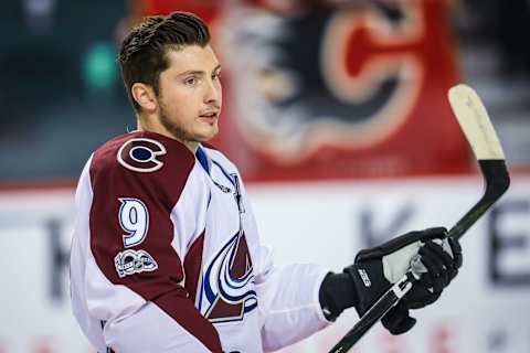 Jan 4, 2017; Calgary, Alberta, CAN; Colorado Avalanche center Matt Duchene (9) skates during the warmup period against the Calgary Flames at Scotiabank Saddledome. Mandatory Credit: Sergei Belski-USA TODAY Sports