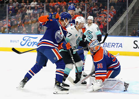 EDMONTON, CANADA – OCTOBER 6: Jack Campbell #36 of the Edmonton Oilers makes a save in the first period against the Seattle Kraken on October 6, 2023 at Rogers Place in Edmonton, Alberta, Canada. (Photo by Lawrence Scott/Getty Images)