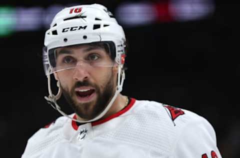 BOSTON, MASSACHUSETTS – MAY 06: Vincent Trocheck #16 of the Carolina Hurricanes disputes a call during the third period of Game Three of the First Round of the 2022 Stanley Cup Playoffs against the Boston Bruins at TD Garden on May 06, 2022, in Boston, Massachusetts. (Photo by Maddie Meyer/Getty Images)