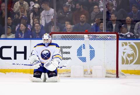 NEW YORK, NEW YORK – APRIL 10: Devon Levi #27 of the Buffalo Sabres plays against the New York Rangers at Madison Square Garden on April 10, 2023 in New York City. The Sabres defeated the Rangers 3-2 in the shootout. (Photo by Bruce Bennett/Getty Images)