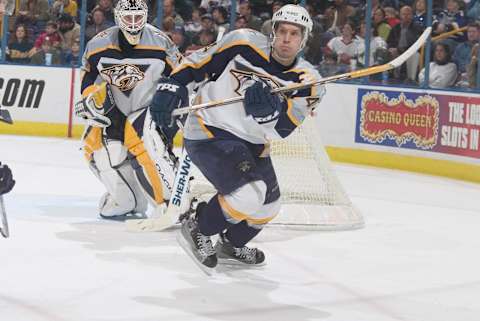 11 March 2004: Kimmo Timonen of the Nashville Predators during the Predators 1-1 tie to the St. Louis Blues at the Savvis Center in St. Louis, MO. (Photo by Dilip Vishwanat/Sporting News via Getty Images via Getty Images)