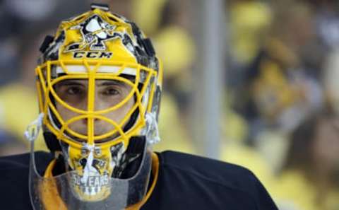 Apr 12, 2017; Pittsburgh, PA, USA; Pittsburgh Penguins goalie Marc-Andre Fleury (29) looks on against the Columbus Blue Jackets during the third period in game one of the first round of the 2017 Stanley Cup Playoffs at PPG PAINTS Arena. The Penguins won 3-1. Mandatory Credit: Charles LeClaire-USA TODAY Sports