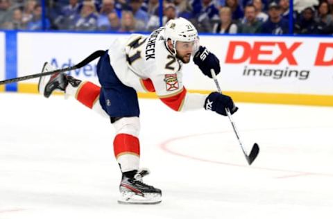 TAMPA, FLORIDA – OCTOBER 03: Vincent Trocheck #21 of the Florida Panthers scores a goal during the home opener against the Tampa Bay Lightning at Amalie Arena on October 03, 2019 in Tampa, Florida. (Photo by Mike Ehrmann/Getty Images)