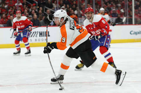 WASHINGTON, DC – MARCH 04: Ivan Provorov #9 of the Philadelphia Flyers scores a goal against the Washington Capitals during the third period at Capital One Arena on March 4, 2020 in Washington, DC. (Photo by Patrick Smith/Getty Images)