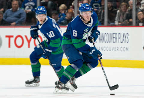 Brock Boeser of the Vancouver Canucks skates up ice while Elias Pettersson trails. (Photo by Rich Lam/Getty Images)