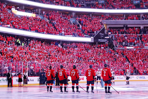 WASHINGTON, DC – JUNE 02: The Washington Capitals stand for the National Anthem prior to Game Three of the 2018 NHL Stanley Cup Final against the Vegas Golden Knights at Capital One Arena on June 2, 2018 in Washington, DC. (Photo by Bruce Bennett/Getty Images)