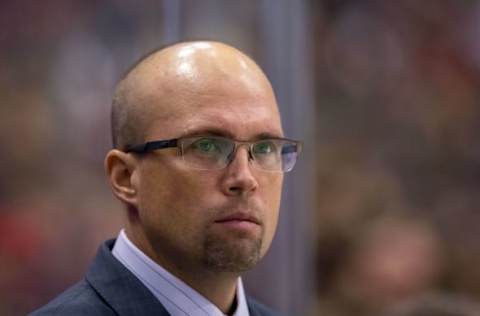 Nov 25, 2015; Saint Paul, MN, USA; Minnesota Wild head Coach Mike Yeo in the second period against the Vancouver Canucks at Xcel Energy Center. Mandatory Credit: Brad Rempel-USA TODAY Sports