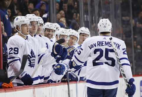 NEW YORK, NY – MARCH 30: James van Riemsdyk #25 (l) of the Toronto Maple Leafs  . (Photo by Bruce Bennett/Getty Images)