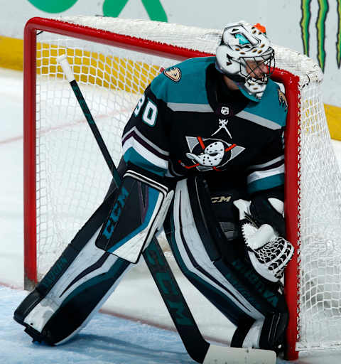 ANAHEIM, CA – APRIL 03: Ryan Miller #30 of the Anaheim Ducks holds the crease during the game against the Calgary Flames on April 3, 2019, at Honda Center in Anaheim, California. (Photo by Debora Robinson/NHLI via Getty Images)