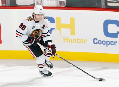 SUNRISE, FL – MARCH 31: Patrick Kane #88 of the Chicago Blackhawks skates with the puck prior to the game against the Florida Panthers at the FLA Live Arena on March 31, 2022 in Sunrise, Florida. (Photo by Joel Auerbach/Getty Images)