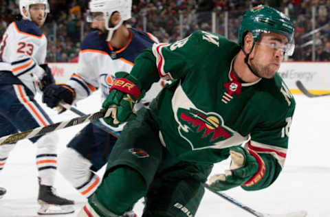 St. Paul, MN-October 22: Jordan Greenway of the Minnesota Wild in the first period against the Edmonton Oilers. (Photo by Carlos Gonzalez/Star Tribune via Getty Images)