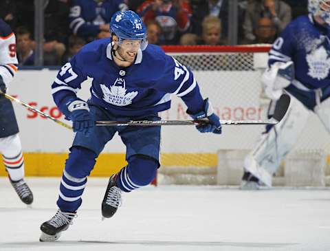 TORONTO, ON – JANUARY 06: Pierre Engvall #47 of the Toronto Maple Leafs  (Photo by Claus Andersen/Getty Images)