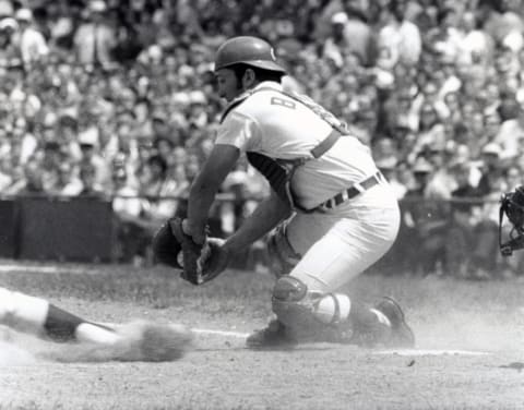 Aug 1, 1969; Unknown location, USA; FILE PHOTO; Cincinnati Reds catcher Johnny Bench (5) in action during the 1969 season. Mandatory Credit: Malcolm Emmons-USA TODAY Sports