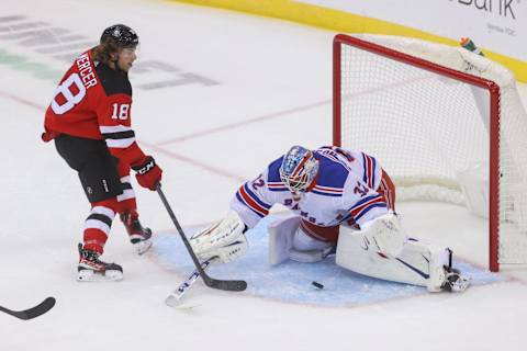 New Jersey Devils center Dawson Mercer (18): (Ed Mulholland-USA TODAY Sports)