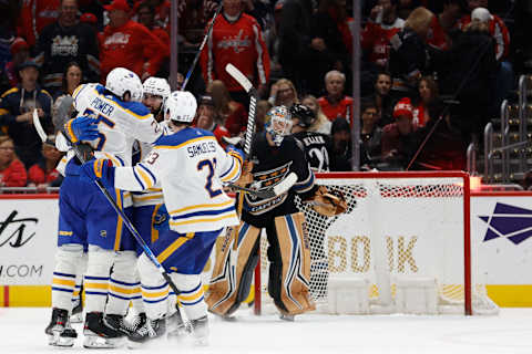 Jan 3, 2023; Washington, District of Columbia, USA; Buffalo Sabres center Tage Thompson (72) celebrates with teammates after scoring a hat trick game-winning goal on Washington Capitals goaltender Darcy Kuemper (35) in overtime at Capital One Arena. Mandatory Credit: Geoff Burke-USA TODAY Sports