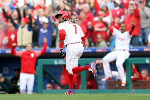 Franco “parks” his first round-trip shot for 2019. Photo by Rob Tringali/MLB Photos via Getty Images.