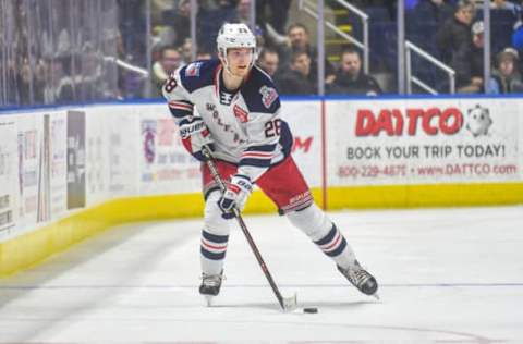 BRIDGEPORT, CT – JANUARY 12: Lias Andersson #28 of the Hartford Wolf Pack brings brings the puck up ice during a game against the Bridgeport Sound Tigers at the Webster Bank Arena on January 12, 2019 in Bridgeport, Connecticut. (Photo by Gregory Vasil/Getty Images)