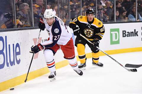 BOSTON, MA – FEBRUARY 22 : Ryan Murray #27 of the Columbus Blue Jackets skates against Brad Marchand #63 of the Boston Bruins at the TD Garden on February 22, 2016 in Boston, Massachusetts. (Photo by Brian Babineau/NHLI via Getty Images)