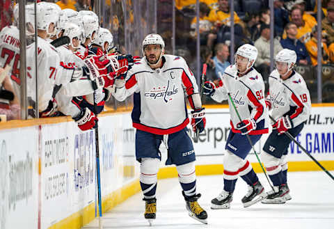 NASHVILLE, TN – OCTOBER 10: Alex Ovechkin #8 of the Washington Capitals celebrates his goal against the Nashville Predators at Bridgestone Arena on October 10, 2019 in Nashville, Tennessee. (Photo by John Russell/NHLI via Getty Images)