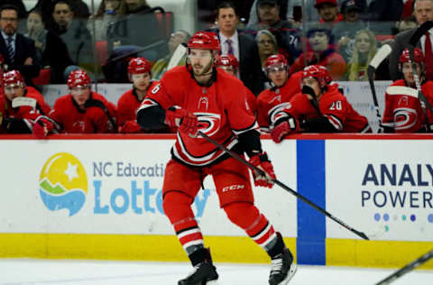 RALEIGH, NC – DECEMBER 21: Joel Edmundson #6 of the Carolina Hurricanes skates for position on the ice near the blue line during an NHL game against the Florida Panthers on December 21, 2019 at PNC Arena in Raleigh, North Carolina. (Photo by Gregg Forwerck/NHLI via Getty Images)