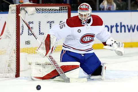 Apr 27, 2022; New York, New York, USA; Montreal Canadiens goaltender Sam Montembeault. Mandatory Credit: Brad Penner-USA TODAY Sports