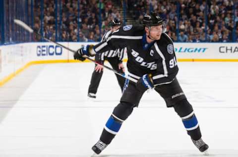 TAMPA, FL – DECEMBER 27: Steven Stamkos #91 of the Tampa Bay Lightning skates against the Carolina Hurricanes at the Amalie Arena on December 27, 2014 in Tampa, Florida. (Photo by Scott Audette/NHLI via Getty Images)