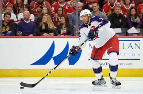 CHICAGO, IL – OCTOBER 07: Columbus Blue Jackets defenseman Seth Jones (3) passes the puck during a game between the Chicago Blackhawks and the Columbus Blue Jackets on October 7, 2017, at the United Center in Chicago, IL. (Photo by Robin Alam/Icon Sportswire via Getty Images)