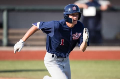 MINNEAPOLIS, MN- AUGUST 23: Brice Turang #1 of the USA Baseball 18U National Team runs during the national team trials on August 23, 2017 at Siebert Field in Minneapolis, Minnesota. (Photo by Brace Hemmelgarn/Getty Images)