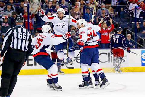 COLUMBUS, OH – APRIL 17: Brett Connolly #10 of the Washington Capitals reacts after Lars Eller #20 of the Washington Capitals scored the game winning goal against the Columbus Blue Jackets on double overtime in Game Three of the Eastern Conference First Round during the 2018 NHL Stanley Cup Playoffs on April 17, 2018 at Nationwide Arena in Columbus, Ohio. Washington defeated Columbus 3-2 in double overtime. (Photo by Kirk Irwin/Getty Images)