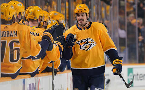 NASHVILLE, TN – MARCH 19: Brian Boyle #11 of the Nashville Predators celebrates his goal against the Toronto Maple Leafs at Bridgestone Arena on March 19, 2019 in Nashville, Tennessee. (Photo by John Russell/NHLI via Getty Images)